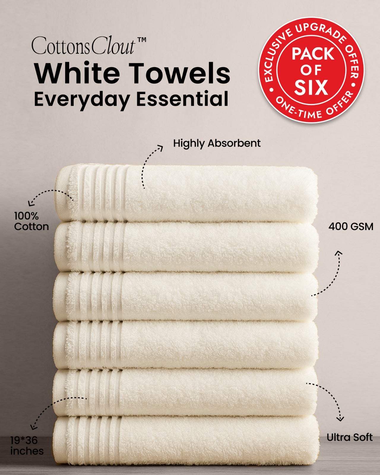 Cottons Clout™ Everyday Essential White Towel Pack of 6